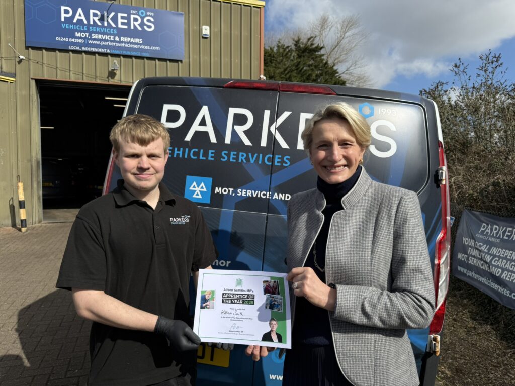 Chichester College apprentice poses with Alison Griffiths, Bognor Regis and Littlehampton MP