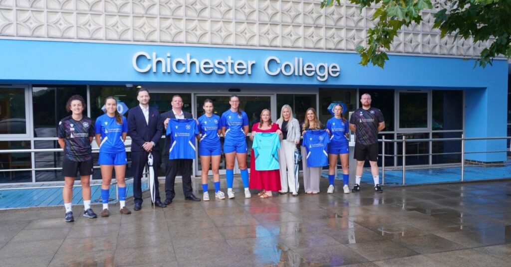 The Cathedral Wealth Management team stood outside Chichester College with staff and students